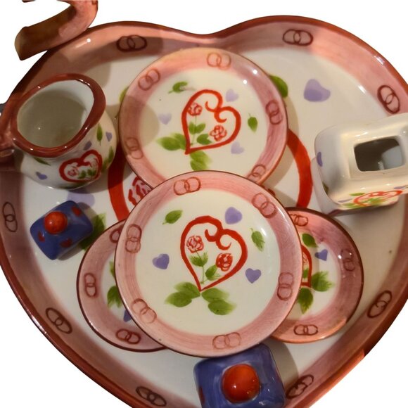 Vintage Mini Tea Set Heart Tray Ceramic Valentine Folk Art Christmas girl toy - Picture 7 of 12